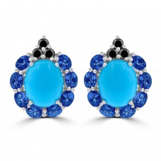 9.71 ct Oval Shaped Turquoise, Tanzanite and Black Diamond Earrings in 14 kt White Gold 9.71 ct Oval Shaped Turquoise, Tanzanite and Black Diamond Earrings in 14 kt White Gold
